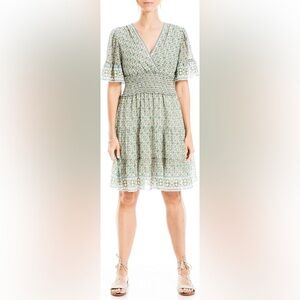 Max Studio Blue, White and Yellow Patterned V-Neck Smocked Mini Dress